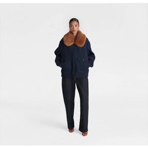 KBB by KAHLANA Women's The Faux Fur Collar Bomber Jacket Navy Blue/Teddy Brown M